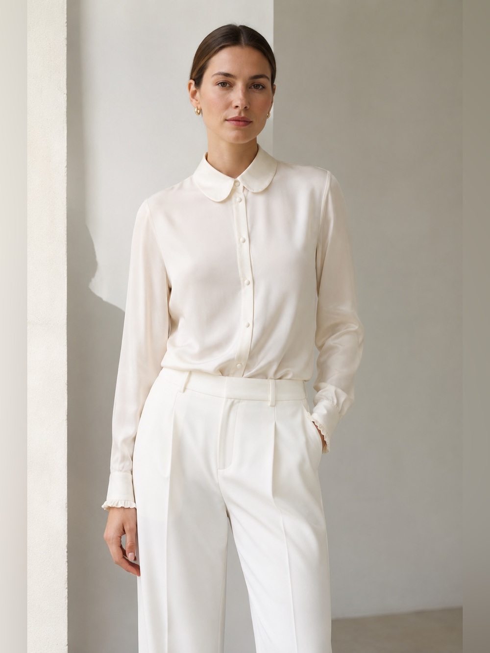 FRAME Washable Silk Peter Pan Collar Blouse Cream Ivory Long Sleeve